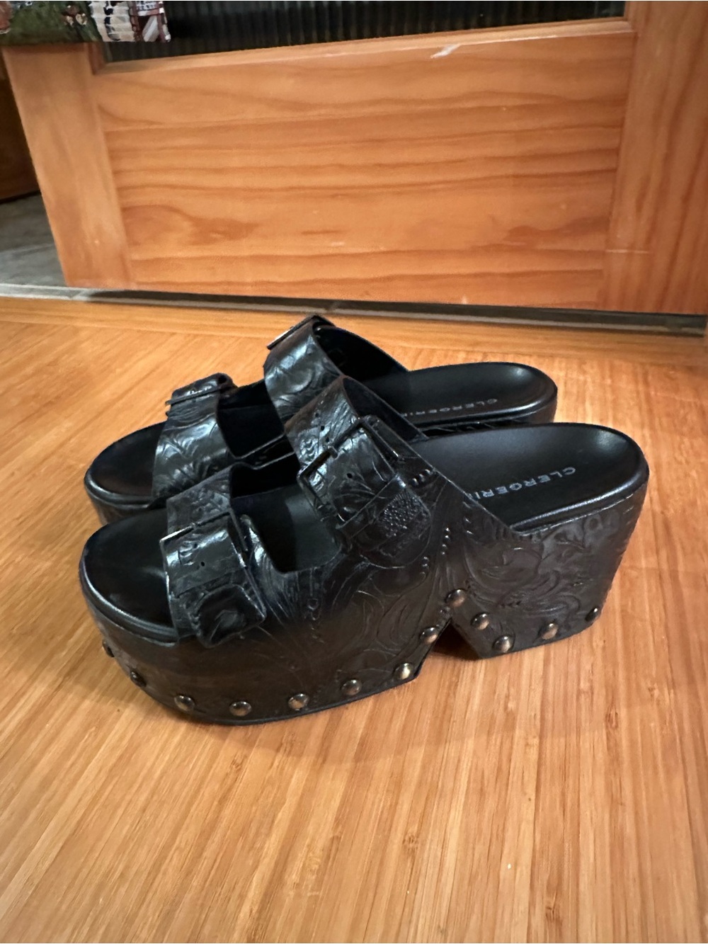 Robert Clergerie Black Embossed Studded ESME Platform Slides